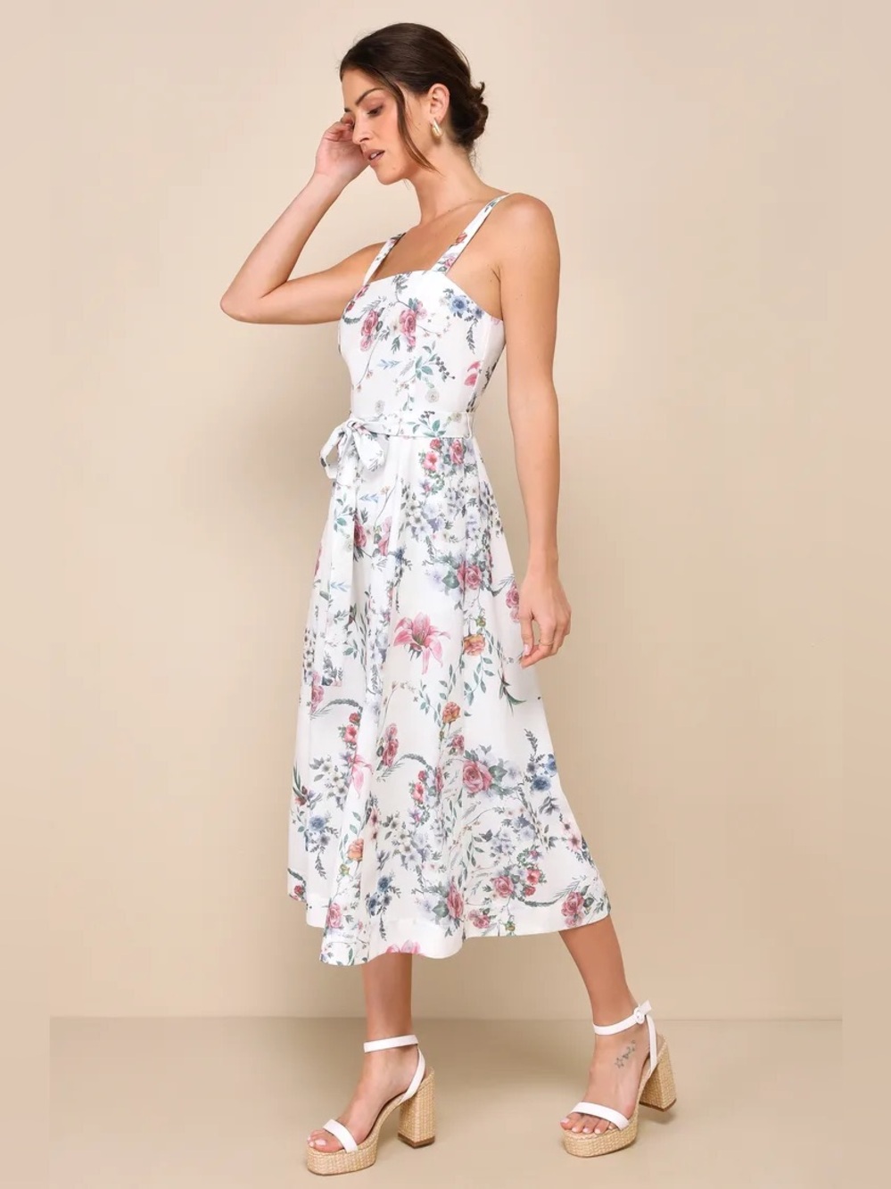 New Lulus Sunny Posture Ivory Floral Sleeveless Midi Dress Size Medium